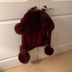 3pc SET- AKIRA Burgundy Teddy Jacket and with Faux Fur Trim with matching corset